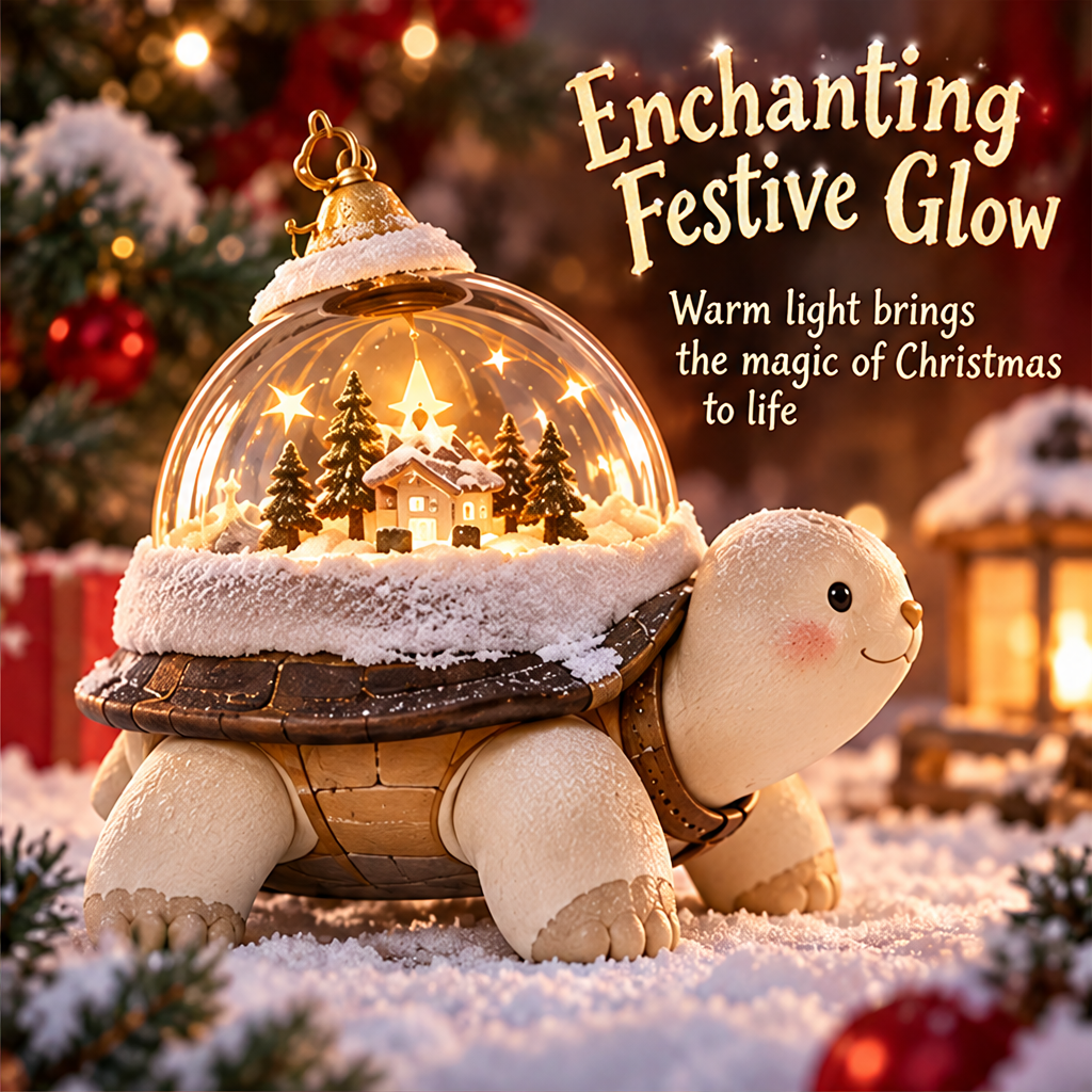 Side view of the turtle figurine showing the warm glow inside its miniature Christmas village dome.