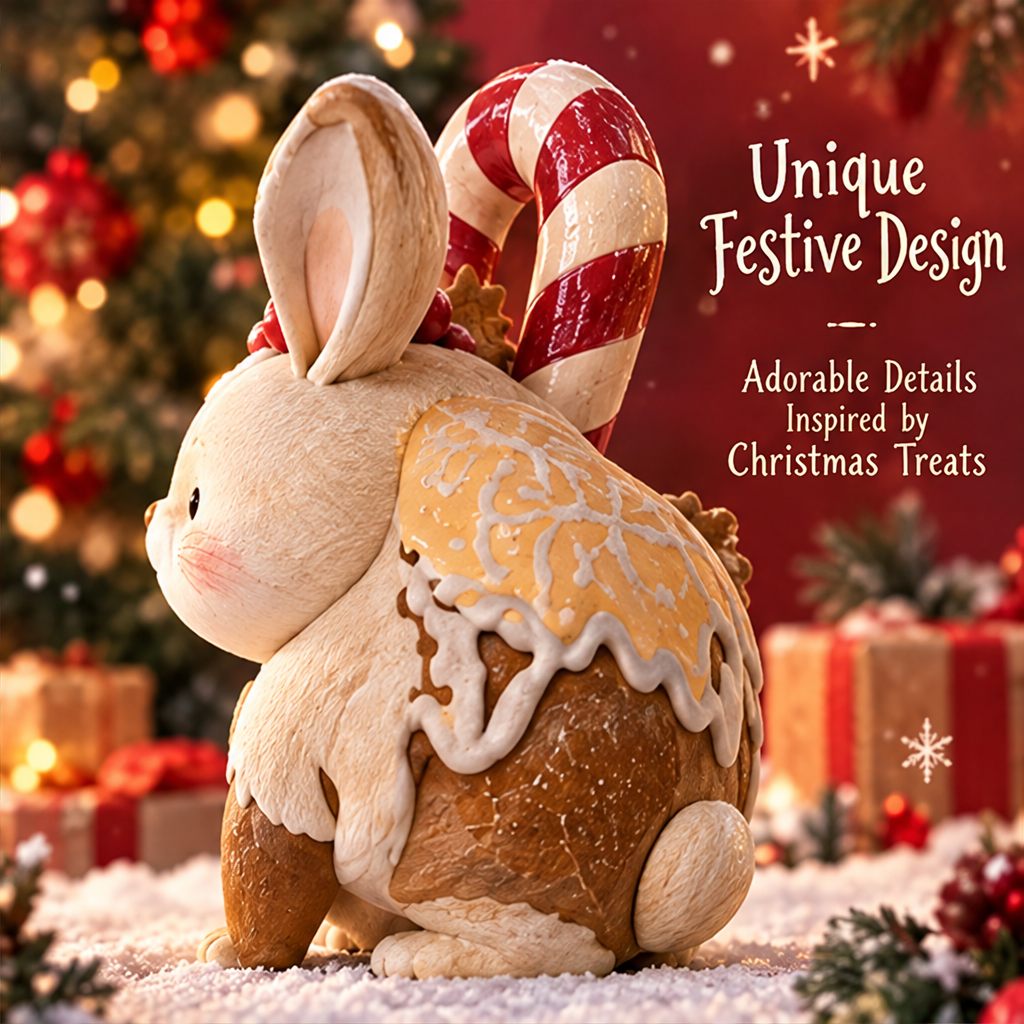Side view of Christmas bunny figurine showing icing-look snowflake decorations and round tail