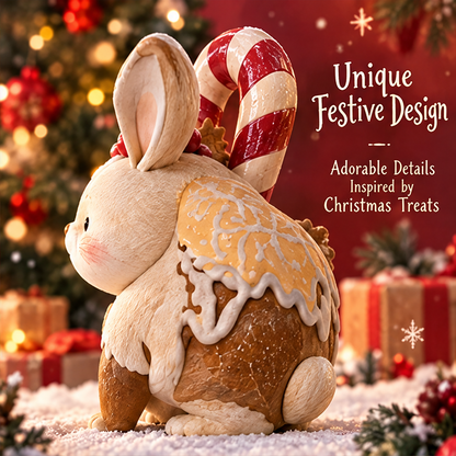 Side view of Christmas bunny figurine showing icing-look snowflake decorations and round tail