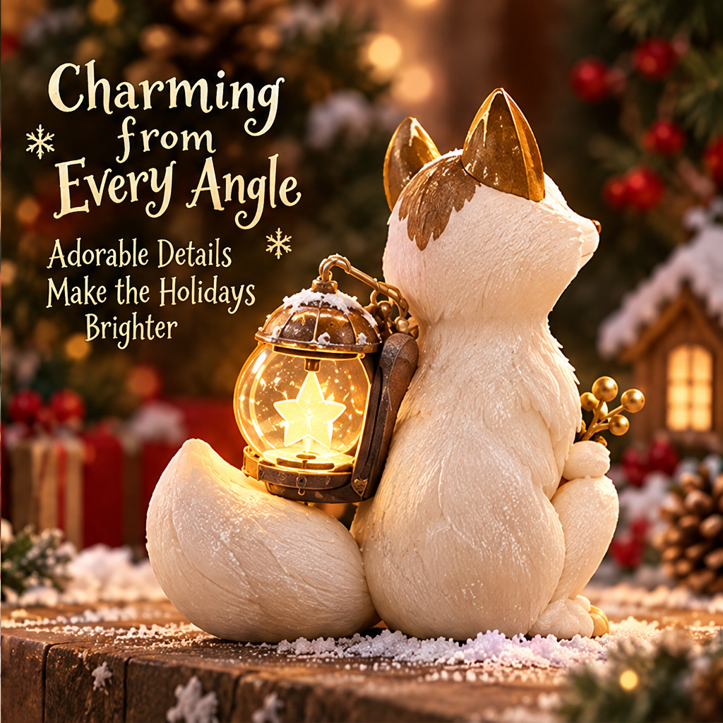 Rear view of the Christmas fox figurine showing its curled tail and star lantern with Charming from Every Angle text.
