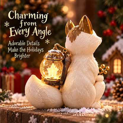 Rear view of the Christmas fox figurine showing its curled tail and star lantern with Charming from Every Angle text.