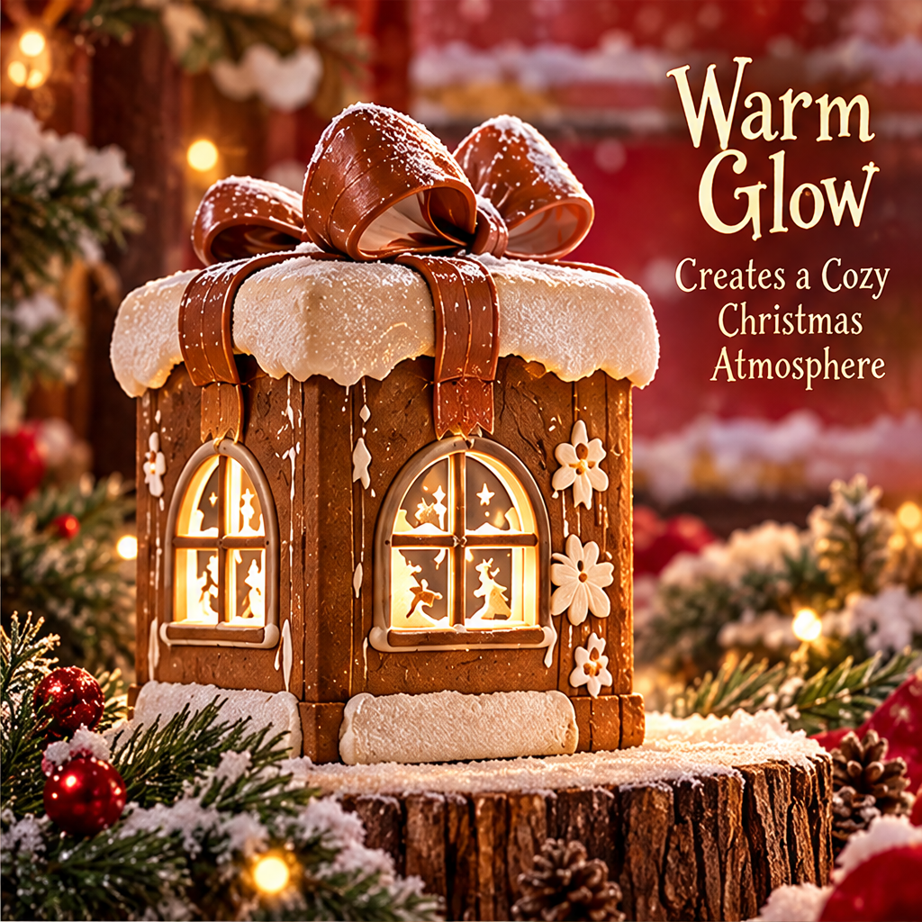 Two illuminated arched windows on the gift box house beside Warm Glow text describing a cozy Christmas atmosphere.
