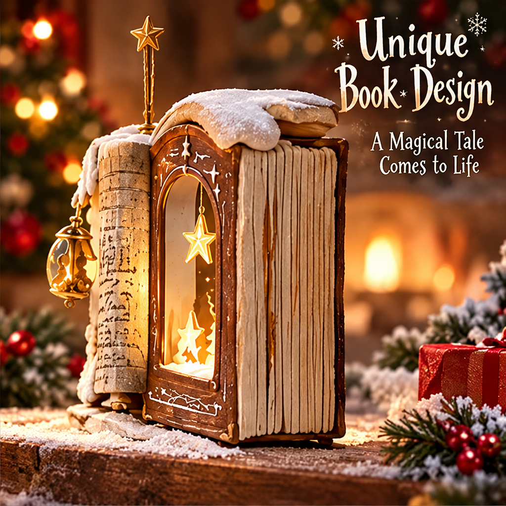 Angled side view of the Christmas book decoration showing page-like edges and a curled decorative panel beside Unique Book Design text.
