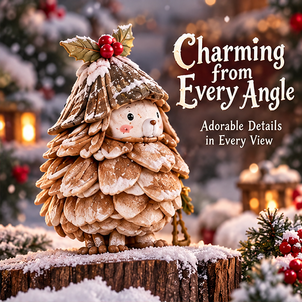 Three-quarter view of the pinecone friend showing layered sculpted details and holly accents beside Charming from Every Angle text.