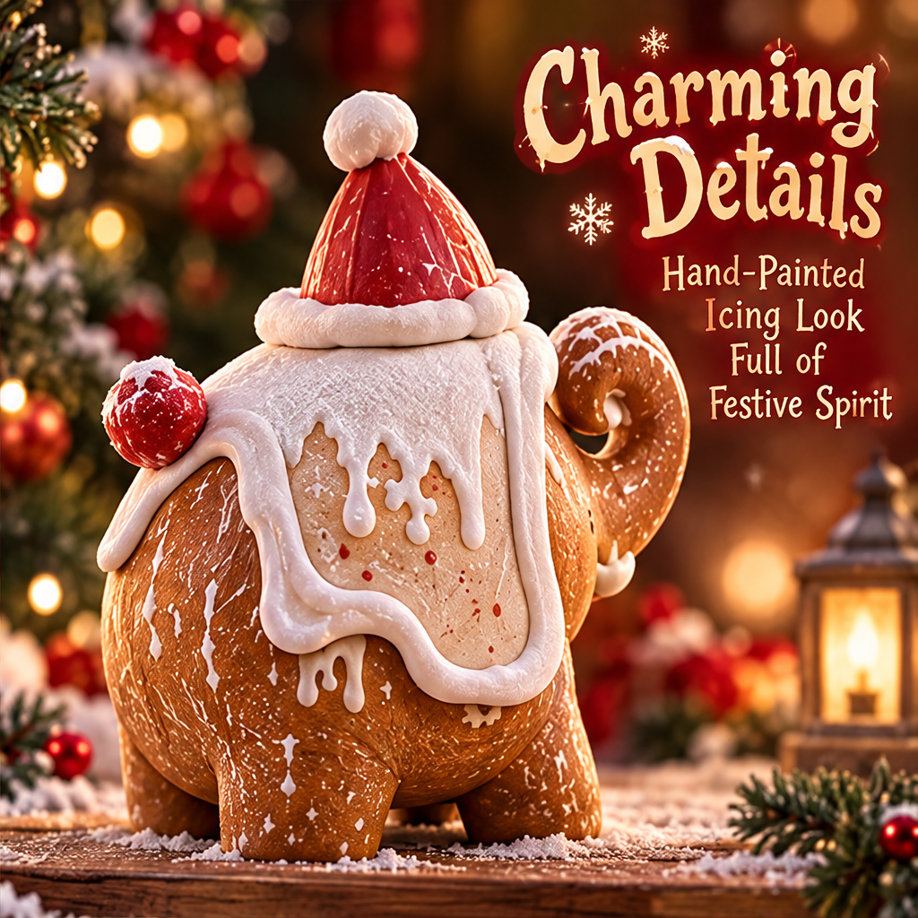 Christmas elephant figurine beside wrapped gifts with Spread Christmas Happiness text