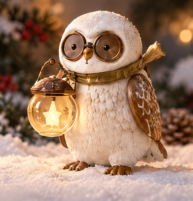 White Christmas owl figurine wearing round glasses and a golden-colored scarf while holding a glowing star lantern, shown without text.