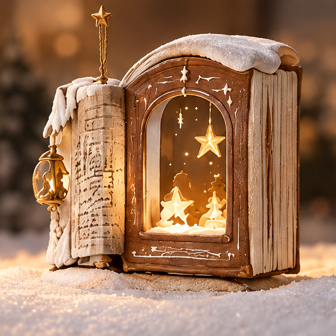 Book-shaped Christmas decoration with warm glowing stars, miniature trees, snowy-looking trim and a hanging lantern detail, shown without text.