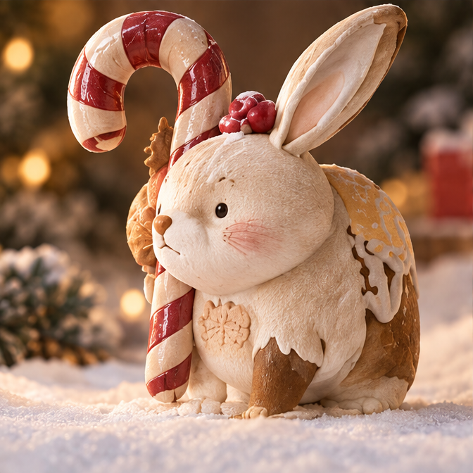 Christmas bunny figurine beside a red-and-white candy cane, with cream and brown coloring and icing-look details