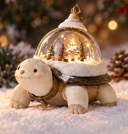 Christmas turtle figurine carrying a clear dome with a glowing miniature house, snowy trees and star details, shown without text.