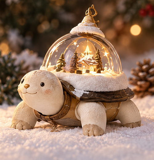 Christmas turtle figurine carrying a clear dome with a glowing miniature house, snowy trees and star details, shown without text.