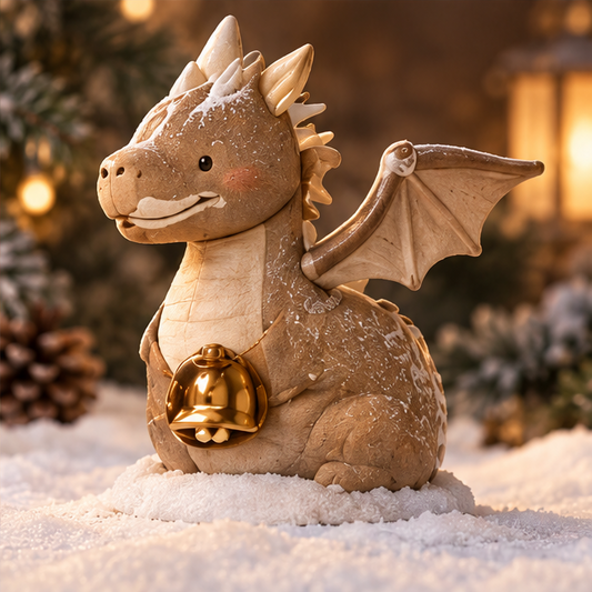 Christmas dragon figurine with outstretched wings, cream spines and gold-tone bell, front three-quarter view
