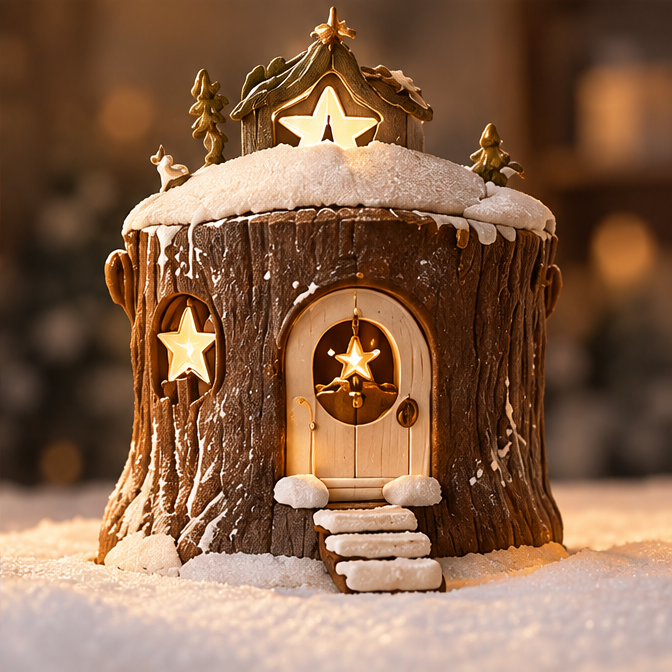 Light-up Christmas tree stump house with star windows, snowy-looking steps and a miniature rooftop woodland scene, shown without text.
