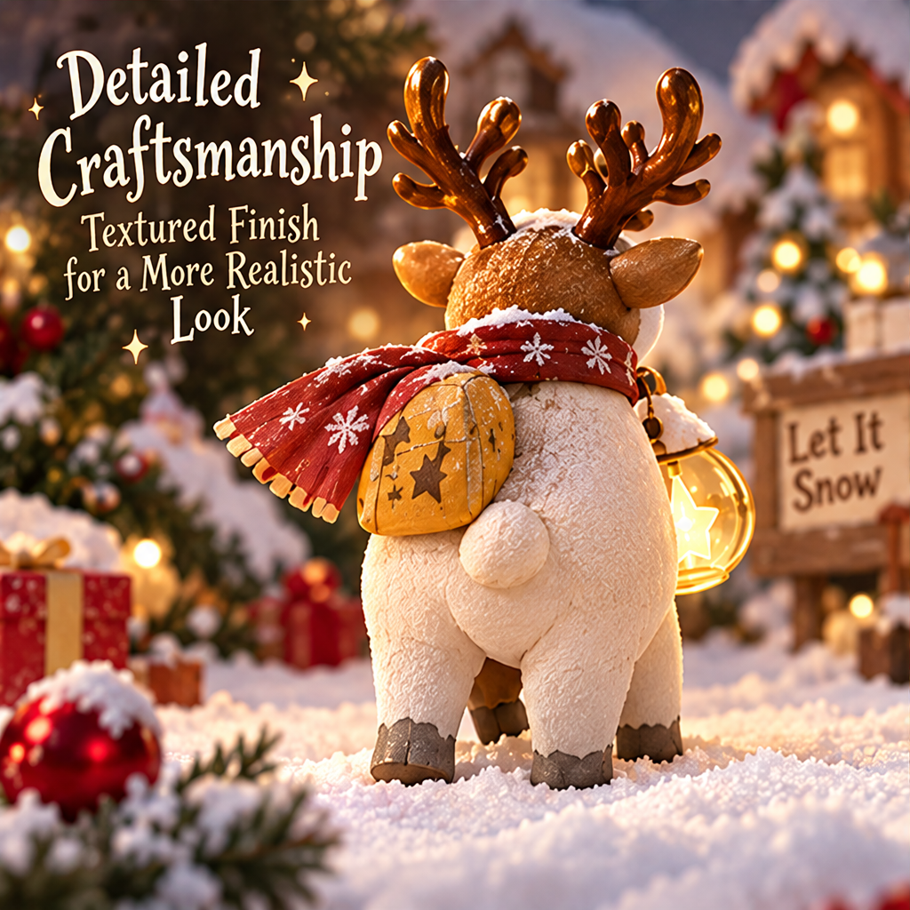 Side view of the smiling reindeer figurine showing its red scarf and golden-colored star-patterned pack.