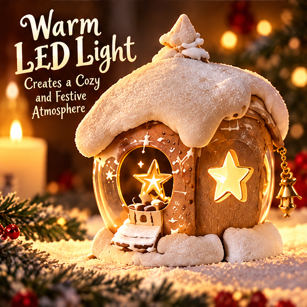 Front view of the glowing Christmas house beside Warm LED Light text describing a cozy festive atmosphere.