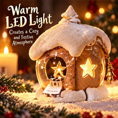 Front view of the glowing Christmas house beside Warm LED Light text describing a cozy festive atmosphere.