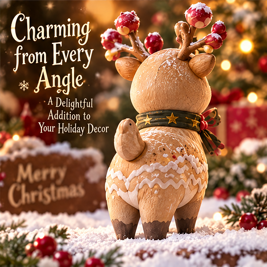 Rear view of the Christmas reindeer showing its upturned tail, white patterned details and green scarf with golden-colored stars.