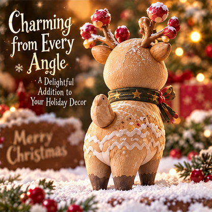 Rear view of the Christmas reindeer showing its upturned tail, white patterned details and green scarf with golden-colored stars.