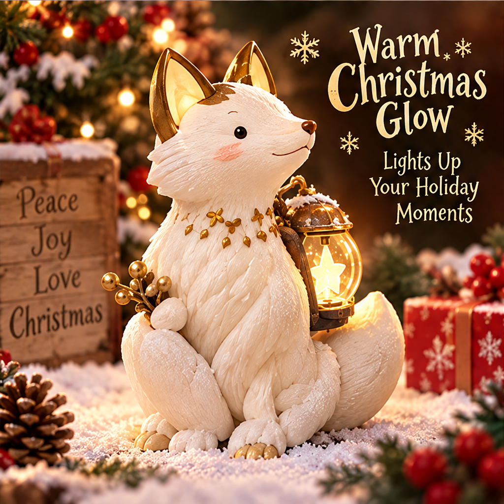 White Christmas fox with a glowing star lantern and Warm Christmas Glow text.
