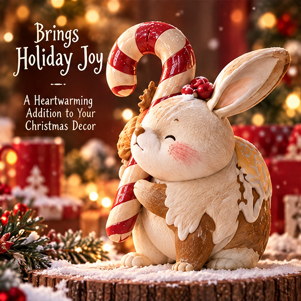 Front view of Christmas bunny figurine with candy cane and Merry Christmas greeting