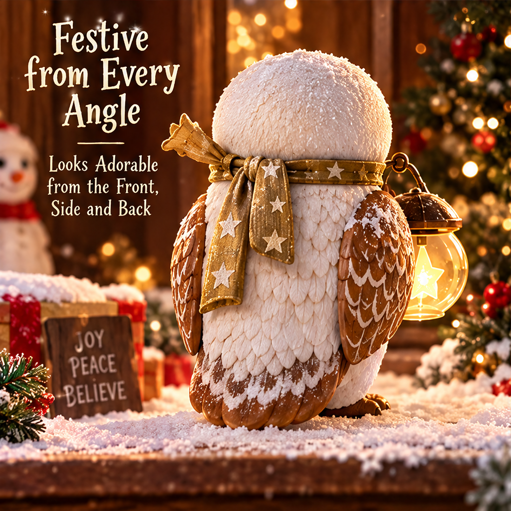 Rear view of the Christmas owl showing its feathered tail, brown wings and tied golden-colored scarf with white stars.