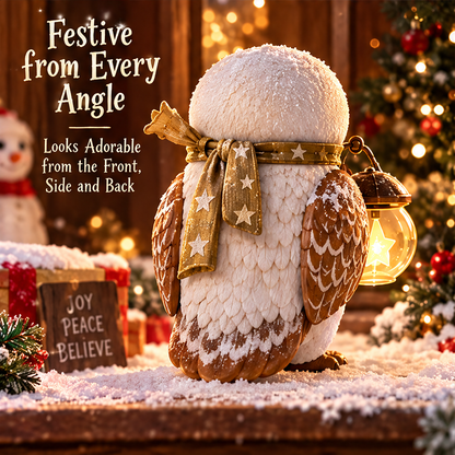 Rear view of the Christmas owl showing its feathered tail, brown wings and tied golden-colored scarf with white stars.