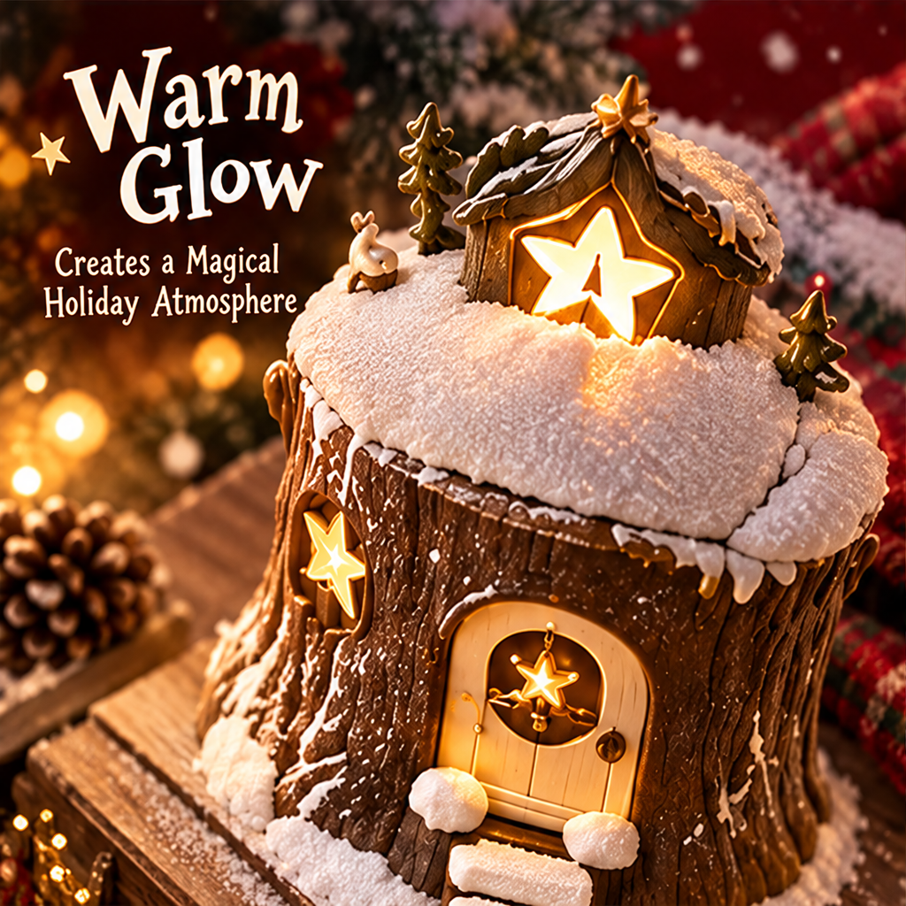Overhead angled view of the glowing star window, miniature rooftop house, evergreen trees and deer beside Warm Glow text.