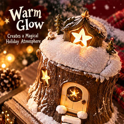 Overhead angled view of the glowing star window, miniature rooftop house, evergreen trees and deer beside Warm Glow text.