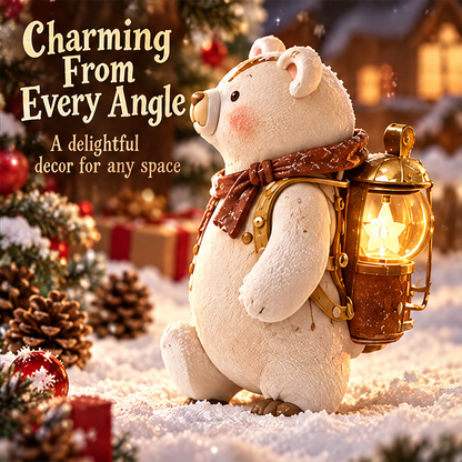 Side view of the Christmas bear figurine showing its rosy cheek, knotted scarf and star lantern backpack.