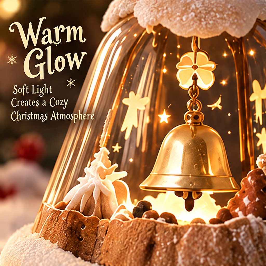 Close-up of the golden-colored hanging bell and miniature scene illuminated by warm light beneath the clear dome.