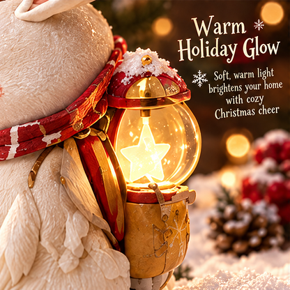 Close-up of the rabbit figurine's glowing star lantern, red-and-gold-colored frame and decorative pack.