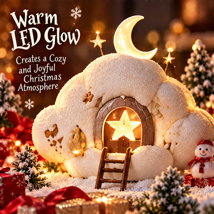 Front view of the illuminated cloud house with crescent moon and stars beside Warm LED Glow text.