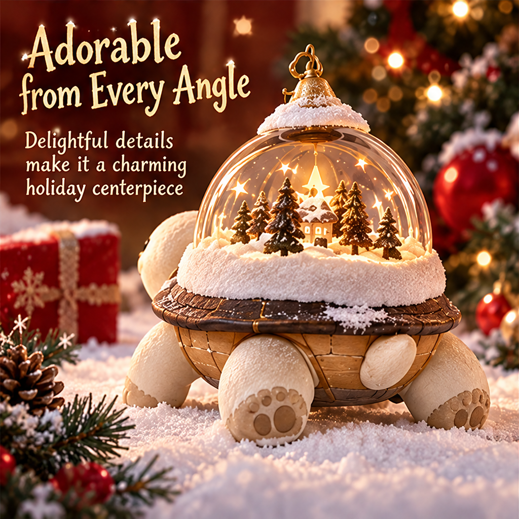 Rear view of the Christmas turtle showing its shell, rounded tail, paw details and snowy village beneath the dome.
