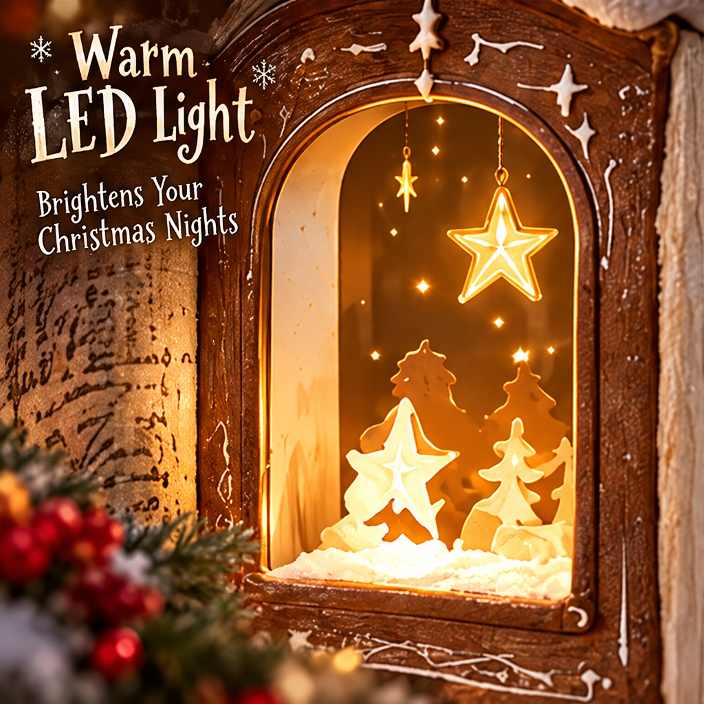 Close-up of glowing hanging stars and miniature winter trees inside the book-shaped decoration beside Warm LED Light text.