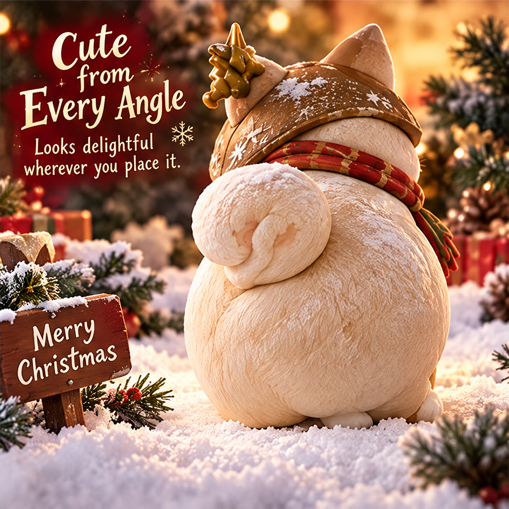 Side view of Christmas cat figurine showing scarf, snowflake-patterned headpiece and curled tail