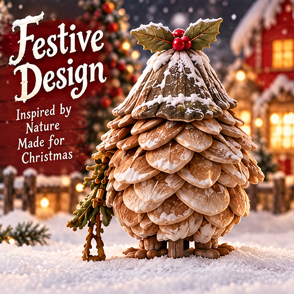 Rear view of the Christmas pinecone friend showing overlapping brown layers, white snowy-looking accents and red berry details.