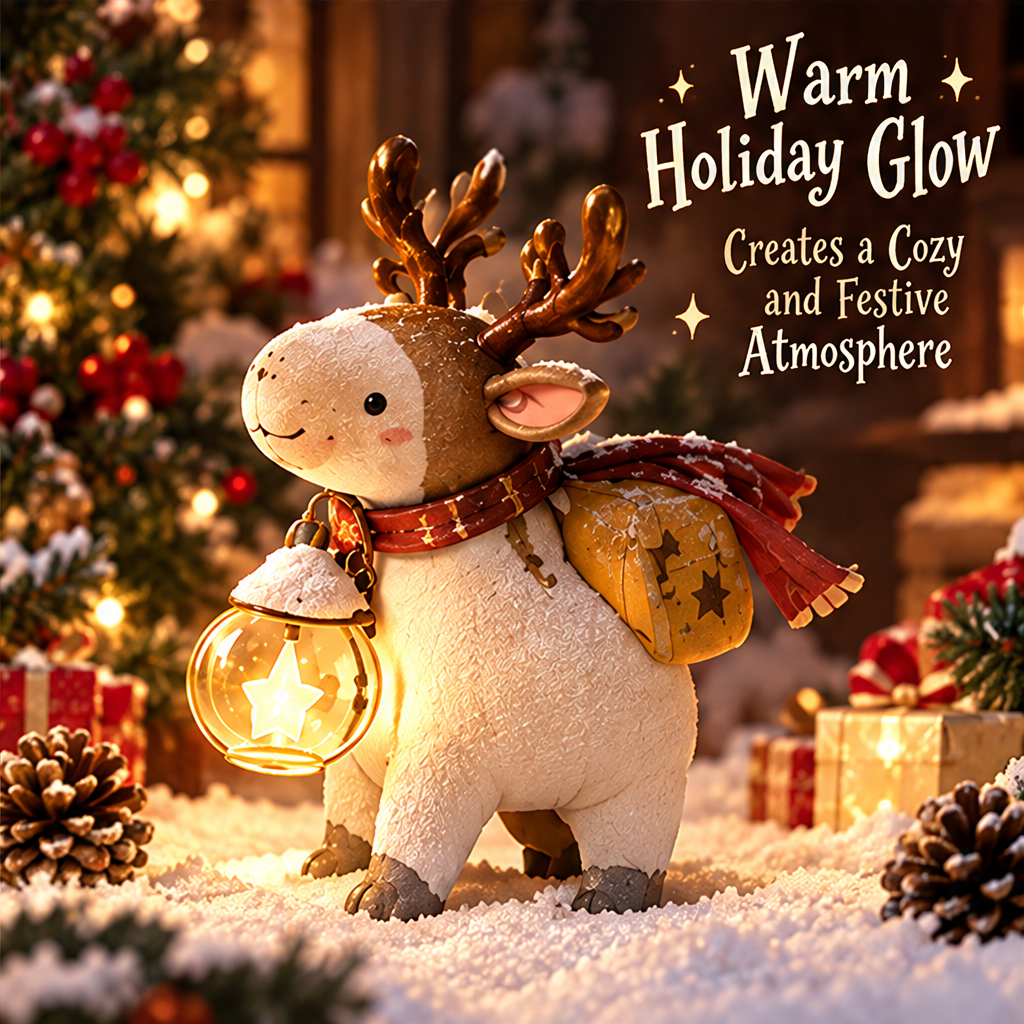 Christmas reindeer figurine with a white textured body, brown antlers, red scarf and glowing star lantern.