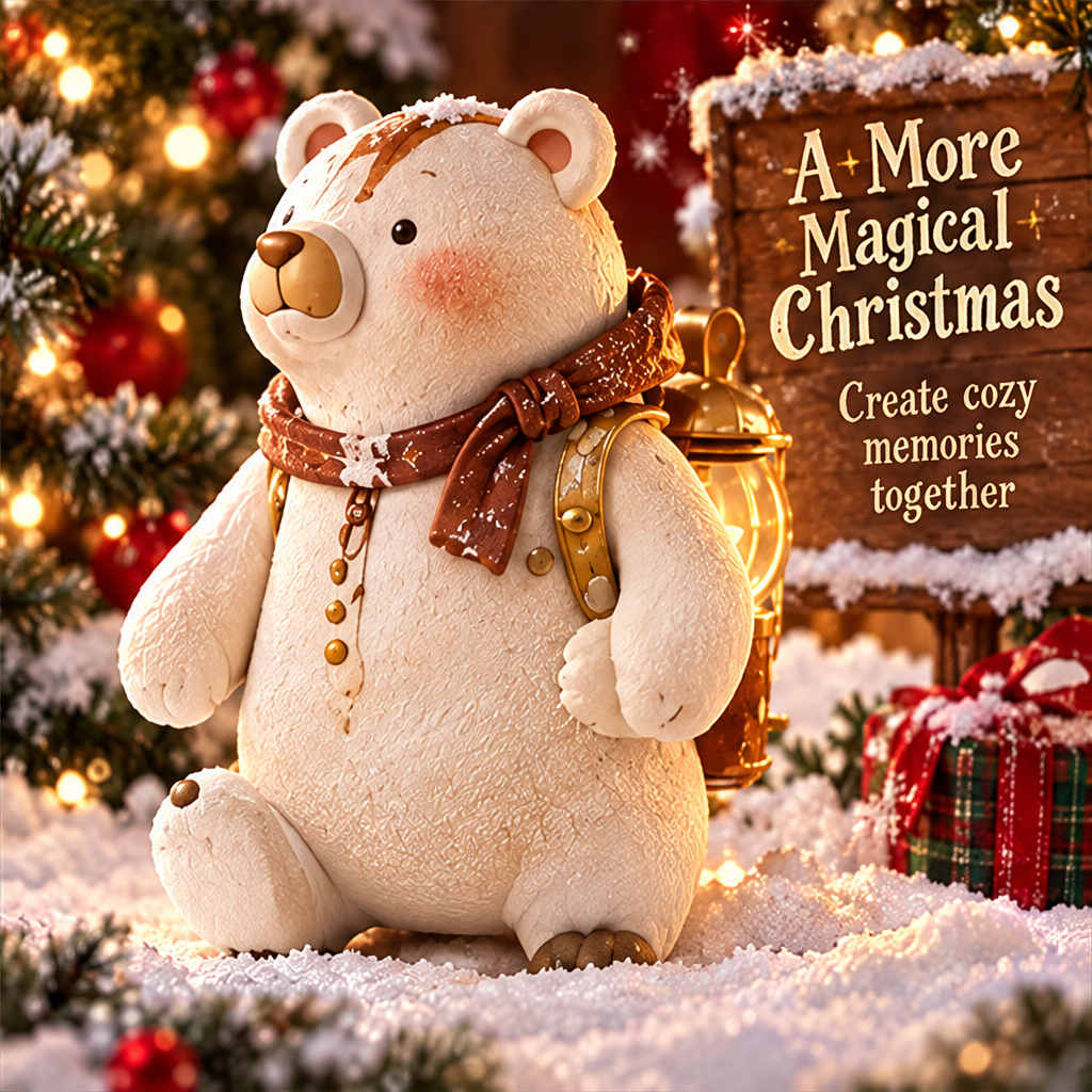 White Christmas bear figurine among festive gifts and greenery beside A More Magical Christmas text.