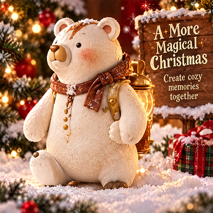 White Christmas bear figurine among festive gifts and greenery beside A More Magical Christmas text.
