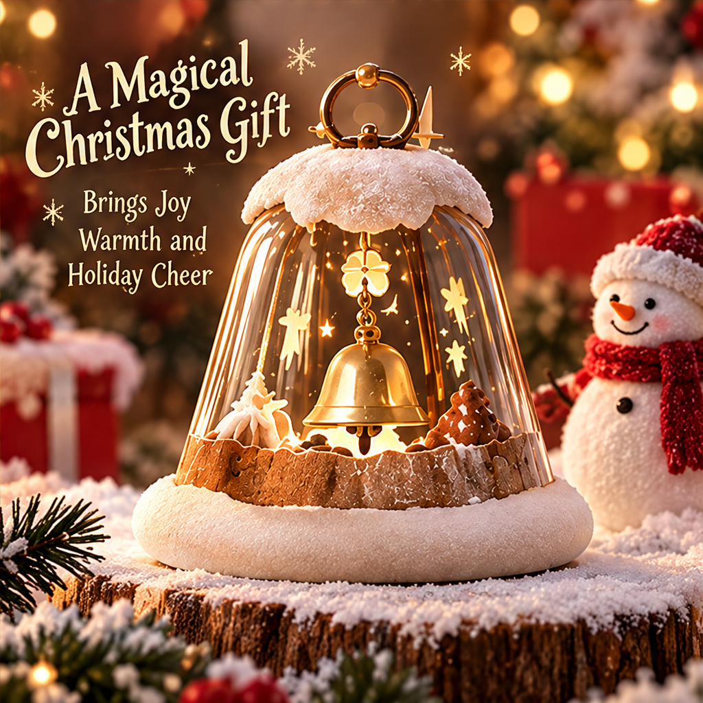 Christmas bell dome decoration beside a snowman and wrapped presents with A Magical Christmas Gift text.