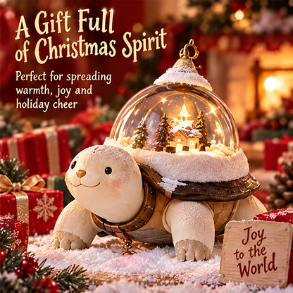 Christmas turtle village dome figurine displayed among wrapped gifts beside A Gift Full of Christmas Spirit text.