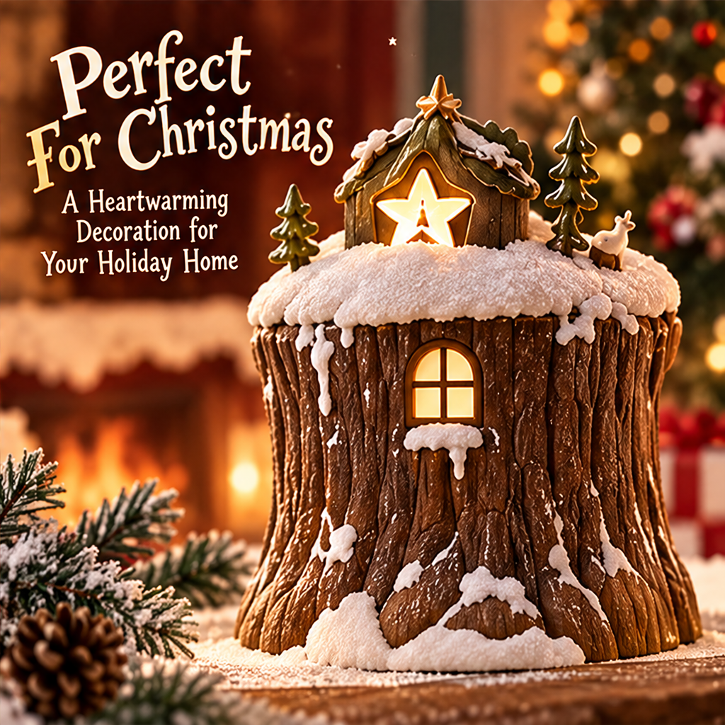 Rear view of the Christmas tree stump house showing an illuminated arched window and snowy-looking woodland rooftop scene.