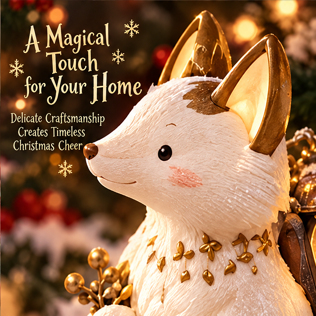 Close-up of the fox figurine's smiling face, fur-like texture, golden-colored ears and decorative neck accents.