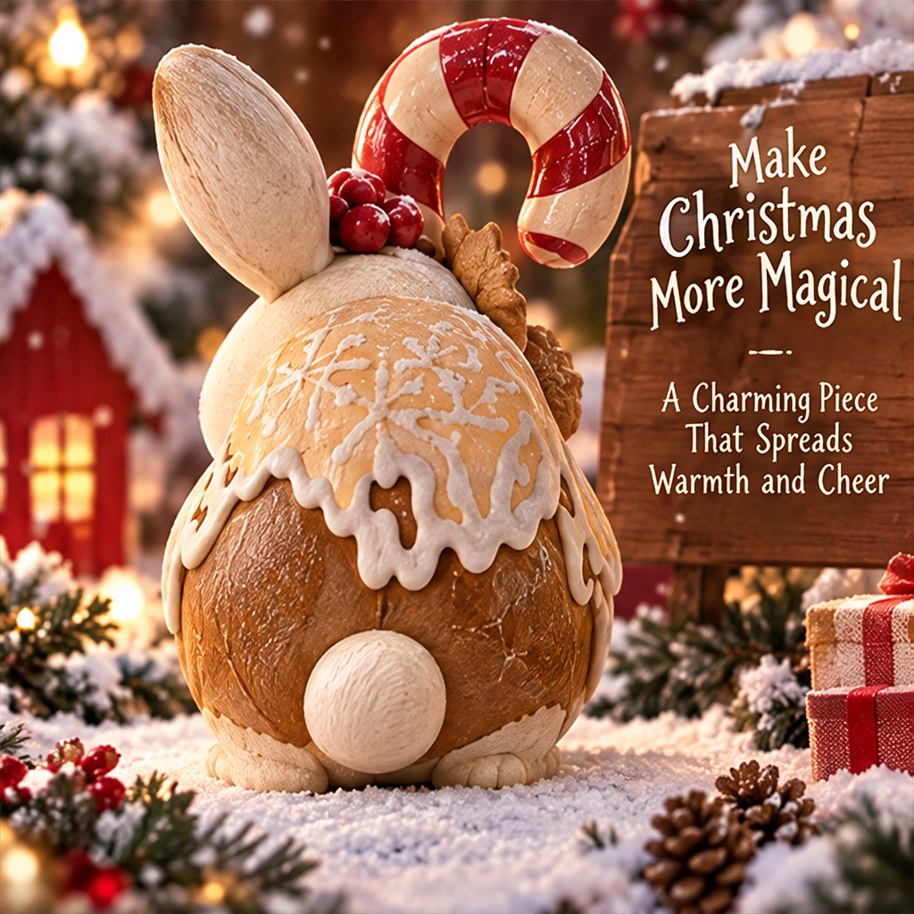 Rear view of Christmas bunny figurine showing round cream tail and white icing-look accents