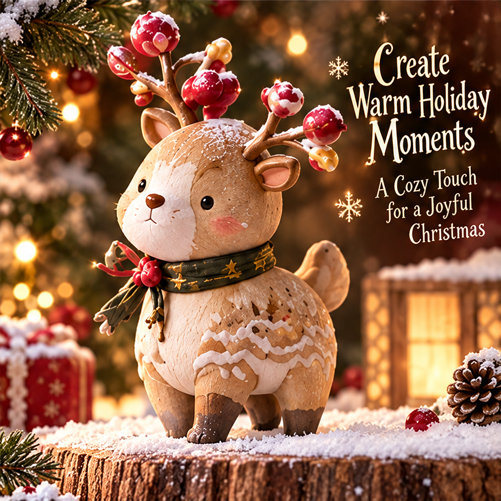 Christmas reindeer figurine displayed among gifts and greenery beside Create Warm Holiday Moments text.