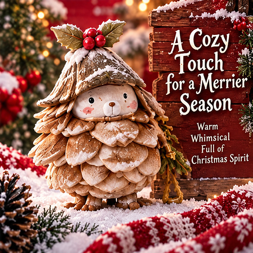 Christmas pinecone friend displayed among greenery, pinecones and gifts beside A Cozy Touch for a Merrier Season text.
