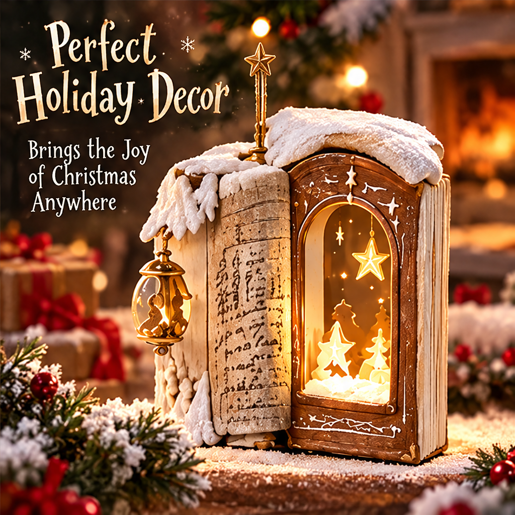 Christmas storybook decoration displayed with greenery and gifts beside Perfect Holiday Decor text.