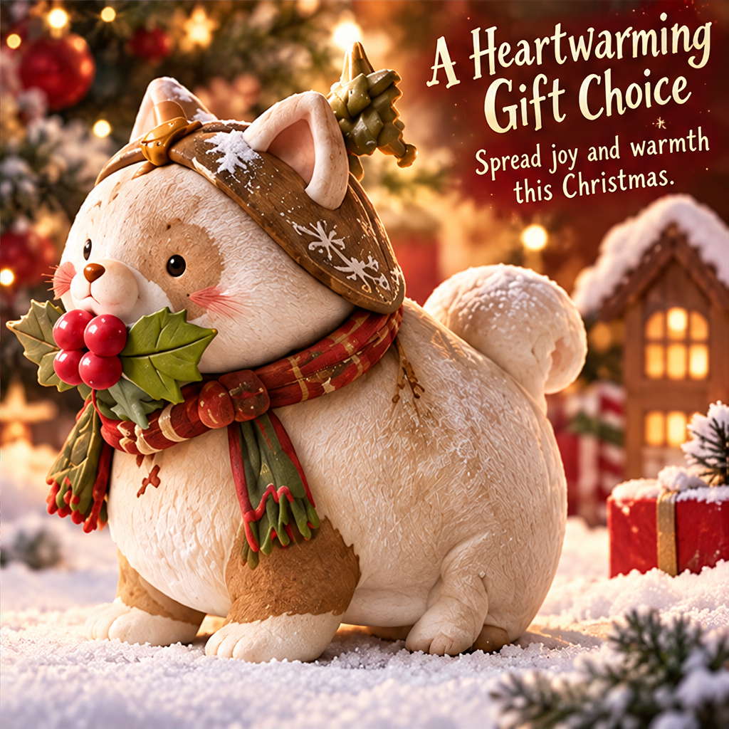Rear view of Christmas cat figurine showing curled tail and festive headpiece