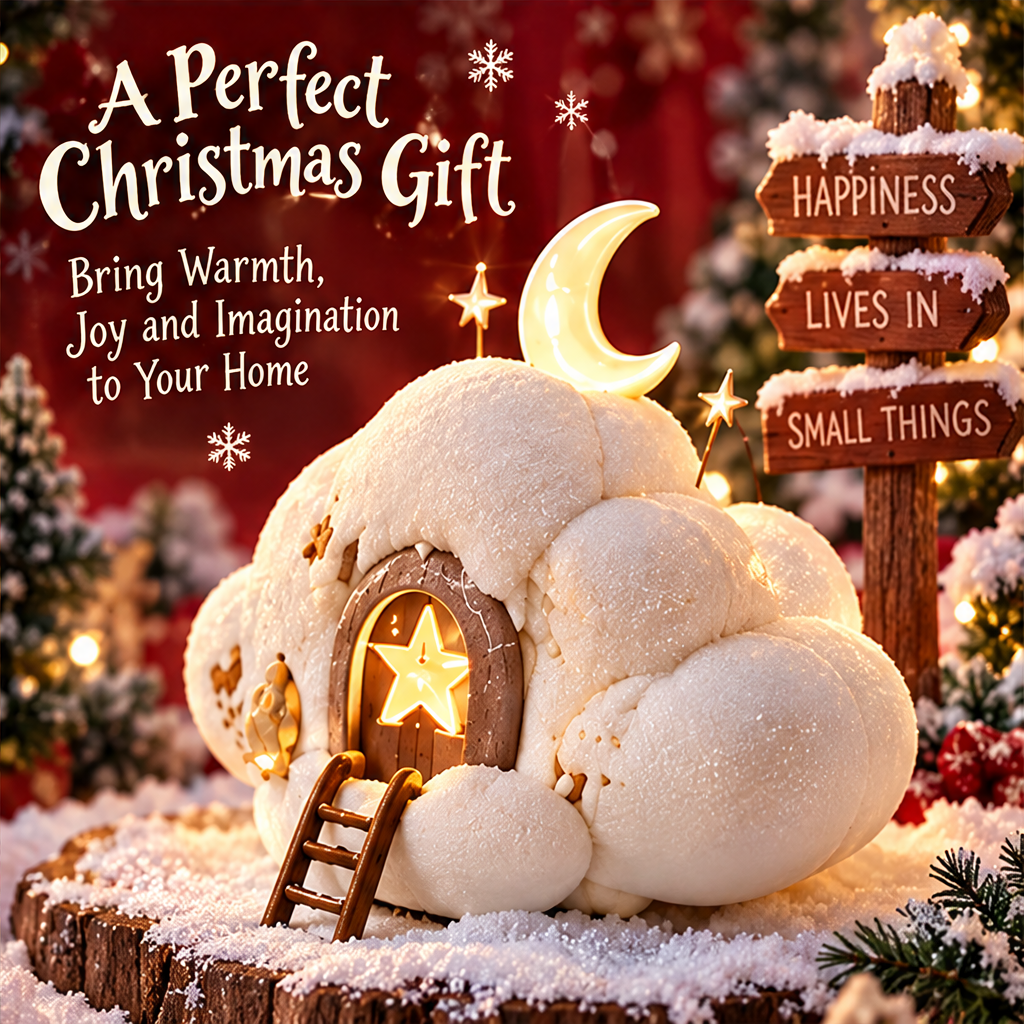 Christmas cloud house displayed beside a festive sign with A Perfect Christmas Gift text.