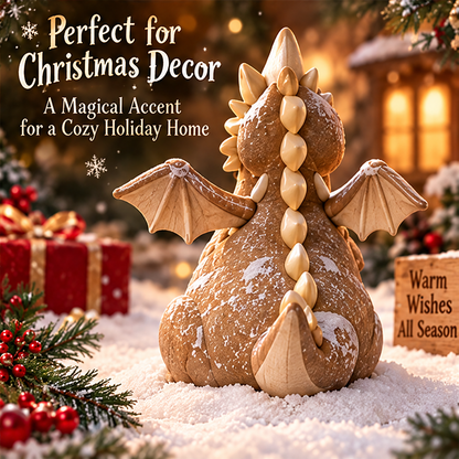 Rear view of Christmas dragon figurine showing two wings, cream back spines and curved tail