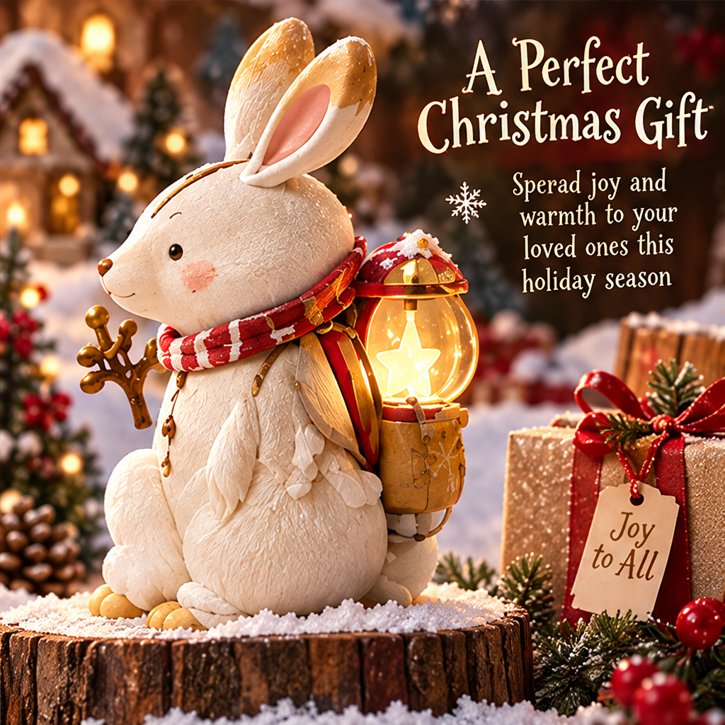 White Christmas rabbit figurine displayed beside a wrapped gift with A Perfect Christmas Gift text.